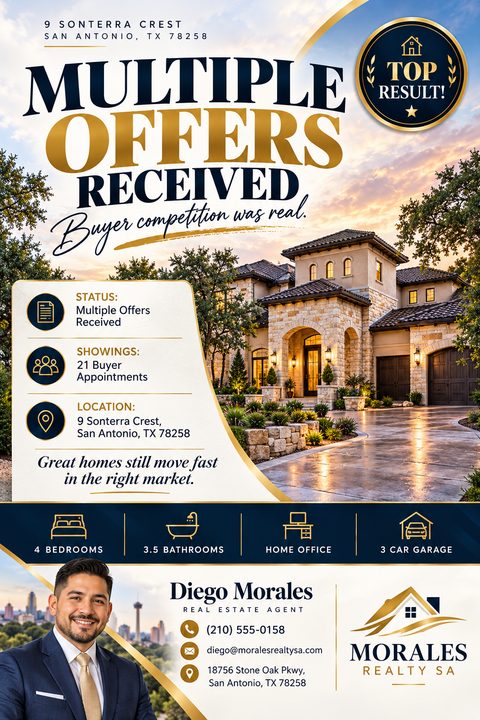 Real estate flyer template with a large photo of a luxury home at sunset. Text reads 'Multiple Offers Received'. Features a navy and gold color scheme, property stats, and a section for the real estate agent's photo and contact information.