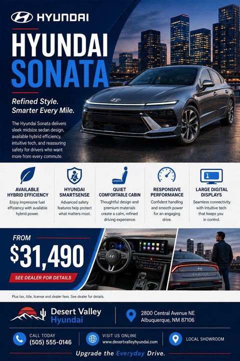 A modern car sales flyer featuring a dark grey sedan against a city skyline at dusk. It includes feature icons, interior and exterior detail photos, a bold price, and dealership contact information.