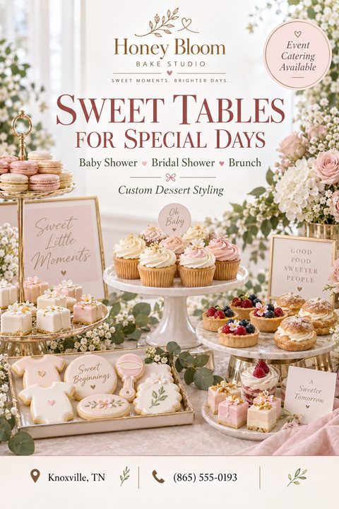 A beautifully styled dessert table featuring cupcakes, macarons, cookies, and tarts with floral arrangements. Text reads 'Sweet Tables for Special Days' and 'Event Catering Available'.