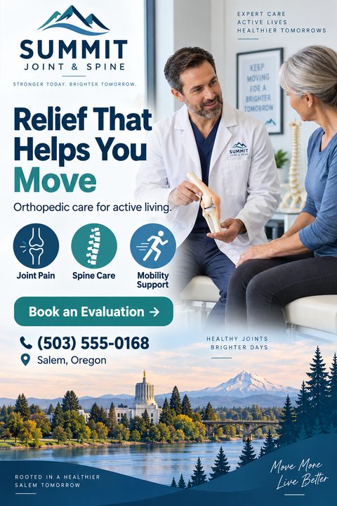 Flyer for an orthopedic clinic featuring a doctor showing a knee model to a patient, three service icons, and a scenic view of Salem, Oregon at the bottom.