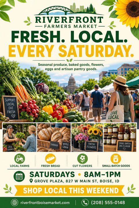 Farmers market flyer template with a large photo of fresh vegetables and a crowd, plus smaller photos of a vendor, bread, flowers, and jars. Text reads 'Fresh. Local. Every Saturday.' with event details below.