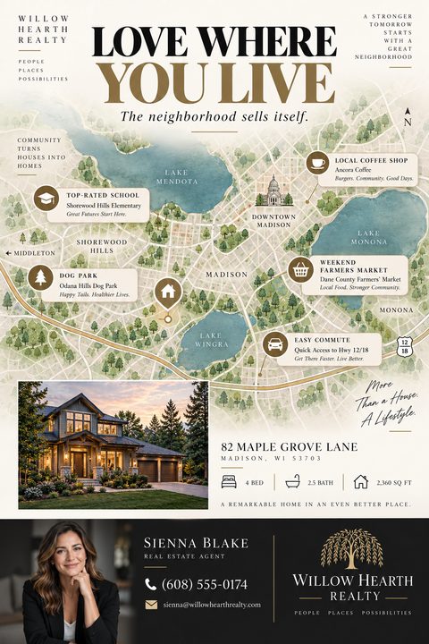 Real estate flyer titled 'Love Where You Live' featuring a large illustrated map of Madison, Wisconsin, highlighting local amenities. Below is a photo of a house, property details, and agent contact information.
