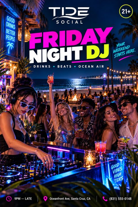 Flyer for a Friday Night DJ event at Tide Social, featuring a female DJ at a beachside bar with a crowd enjoying drinks and a bonfire in the background. Neon pink and green text.