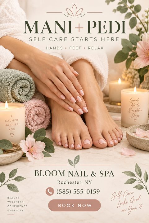 A relaxing spa flyer featuring a photo of manicured hands resting on pedicured feet, surrounded by lit candles, rolled towels, and pink flowers. Soft cream, pink, and green color palette.