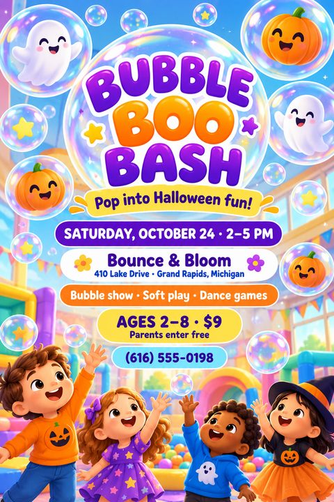 Bright and playful Halloween flyer featuring cute cartoon children reaching for iridescent bubbles. The bubbles contain smiling ghosts and pumpkins, set against a colorful indoor soft play area background.