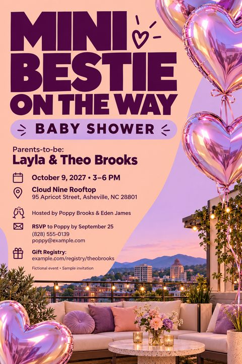 Baby shower invitation flyer featuring a rooftop lounge at sunset with metallic purple heart balloons. Bold text reads 'Mini Bestie On The Way' and 'Baby Shower' with event details below.