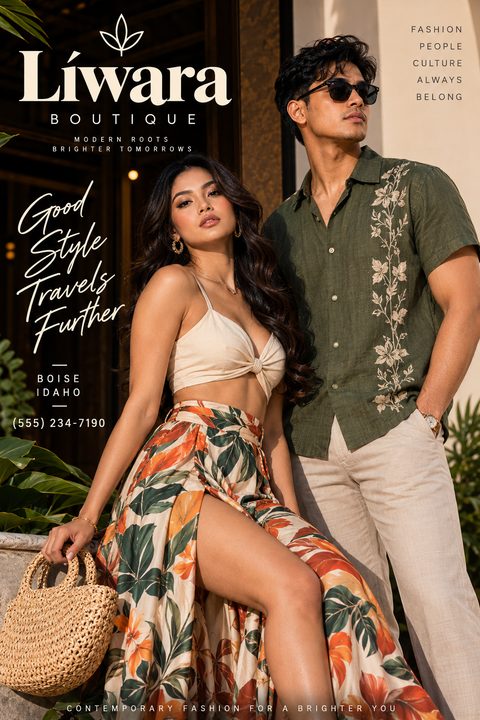 A fashion flyer featuring a man and woman in tropical resort wear. The woman wears a floral skirt and crop top, holding a straw bag. The man wears a green embroidered shirt and sunglasses. Text reads 'Liwara Boutique', 'Good Style Travels Further'.