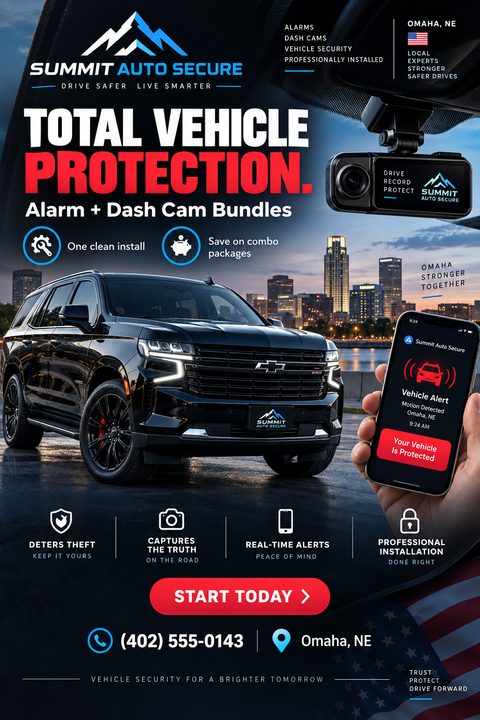 A vehicle security flyer featuring a black SUV parked by a city skyline at dusk. It includes images of a dash cam and a smartphone displaying a vehicle alert app, with bold red text.