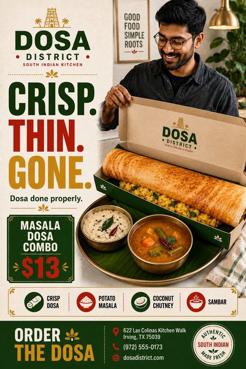 A takeaway flyer for a South Indian kitchen featuring a man holding a box with a large dosa, chutney, and sambar. Bold text reads 'CRISP. THIN. GONE.' with a $13 combo price.