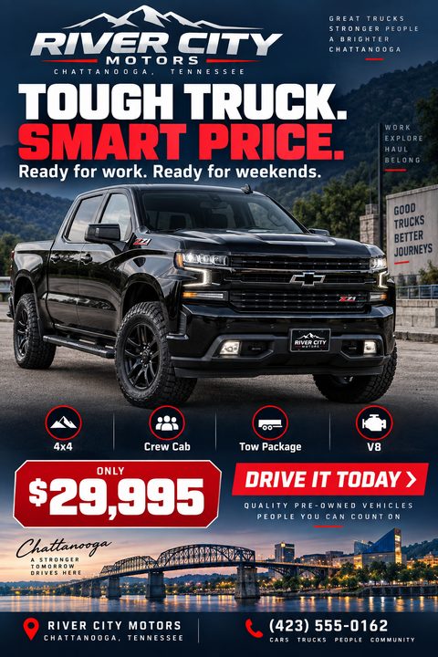 A flyer for River City Motors promoting a black pickup truck for $29,995. The flyer features a large image of the truck, icons for its features, and a cityscape at the bottom.