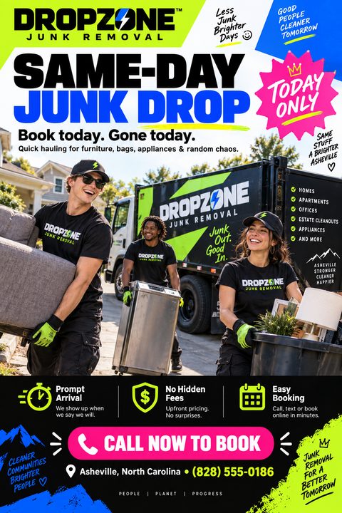 A bold junk removal flyer featuring three smiling workers carrying furniture and appliances to a truck. The design uses high-contrast black and white with vibrant neon green, pink, and blue accents and hand-drawn text.