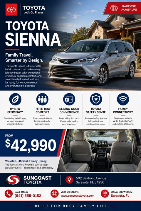 A car sales flyer featuring a large silver minivan parked in front of a house. Below are five feature icons, a bold price section with an interior photo, and dealership contact information.