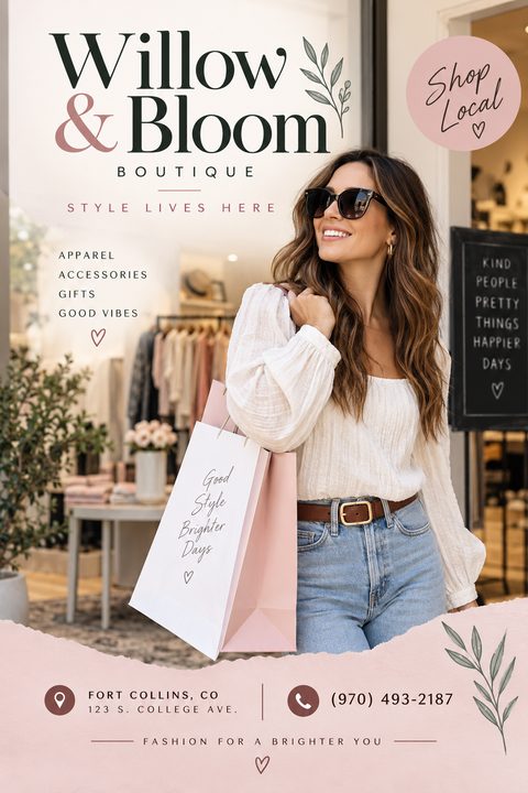 Flyer for a boutique with a photo of a smiling woman holding shopping bags outside a store. Text reads 'Willow & Bloom Boutique, Style Lives Here, Shop Local'. Features a torn paper edge at the bottom with contact info.