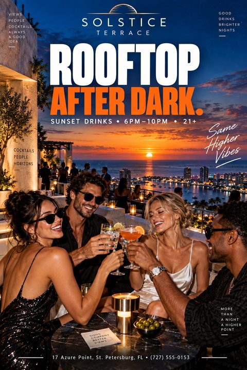 Flyer for a rooftop bar event titled 'Rooftop After Dark' featuring a group of friends toasting with cocktails against a vibrant sunset over a city skyline and ocean.