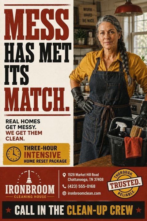 A vintage-style flyer for a cleaning service. The left side features bold text reading 'MESS HAS MET ITS MATCH.' above a yellow box promoting a 'THREE-HOUR INTENSIVE HOME RESET PACKAGE'. The right side shows a woman in an apron and gloves holding a.