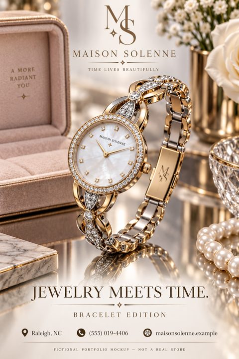 A luxury gold and diamond watch displayed on a reflective surface next to a pink jewelry box and pearls. Text reads 'Jewelry Meets Time. Bracelet Edition' with contact details below.