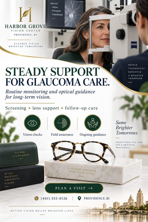 Flyer for an optometry clinic featuring a woman getting an eye exam, a pair of tortoiseshell glasses on a marble block, and gold accents throughout the design.