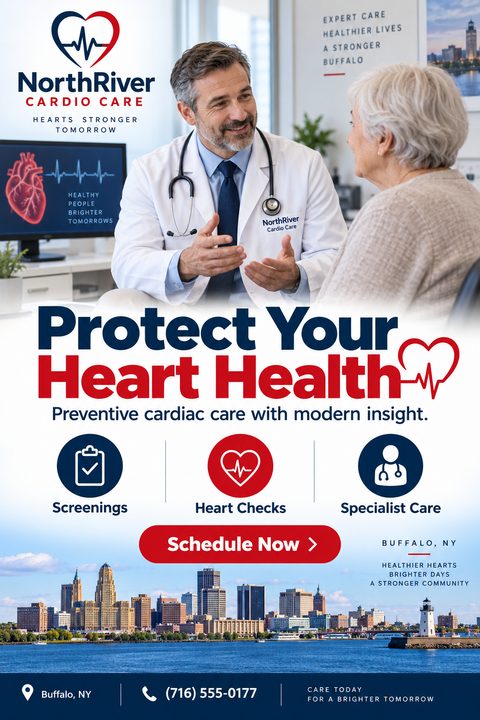A medical flyer template with a photo of a doctor talking to a patient, the headline 'Protect Your Heart Health', icons for screenings and specialist care, and a city skyline at the bottom.