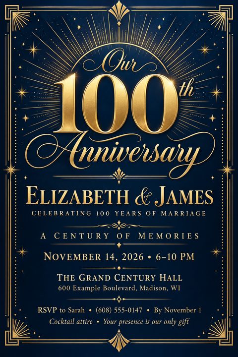Elegant navy blue anniversary party flyer featuring ornate gold Art Deco borders, a radiant sunburst design, and large gold typography for a milestone celebration.