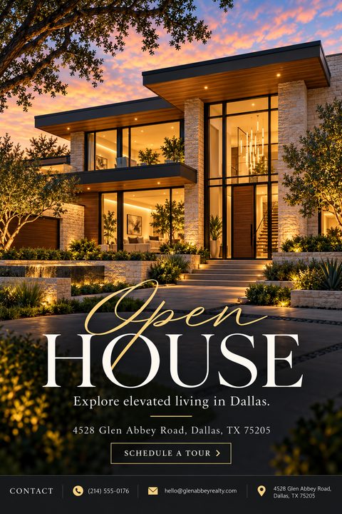 Real estate open house flyer featuring a large twilight photo of a modern, two-story luxury home with large windows and warm interior lighting. The text reads 'Open House. Explore elevated living in Dallas.' with address and contact details below.
