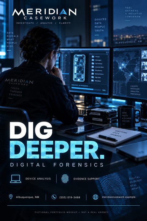 A person sits in a dark room looking at multiple computer monitors displaying data analysis. The text reads 'Dig Deeper. Digital Forensics' with icons for device analysis and evidence support.