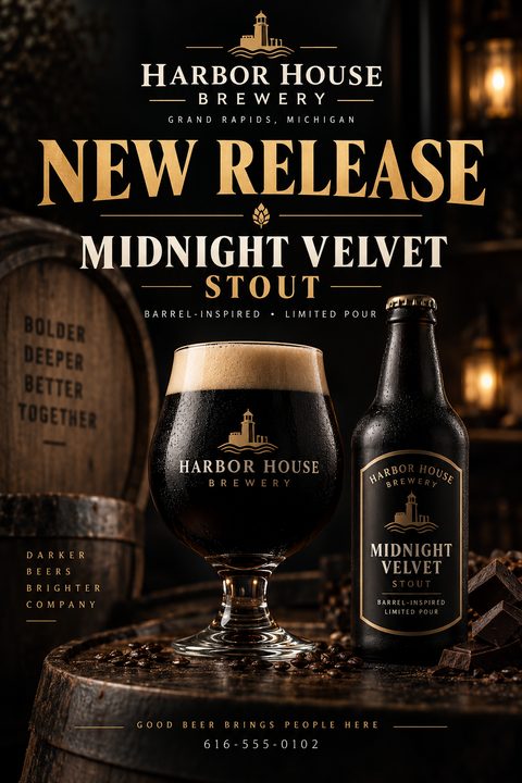 A dark, moody flyer for a brewery's new release, featuring a glass of stout and a bottle on a wooden barrel, with gold and white text.