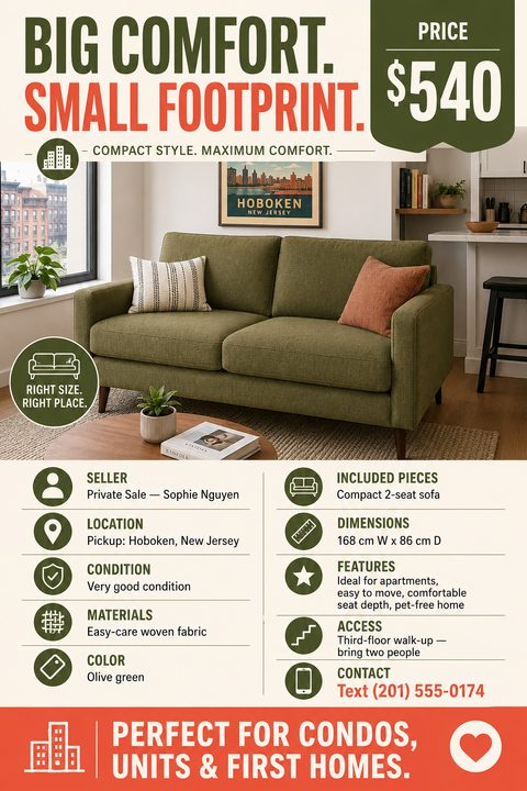 A furniture for sale flyer featuring a large photo of an olive green sofa. Bold text highlights the price, while a neat icon grid details the condition, dimensions, location, and contact information.
