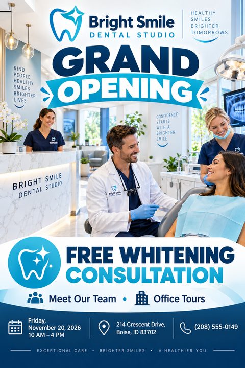 A modern dental clinic grand opening flyer in blue and white. It features a large photo of a dentist treating a smiling patient, with a receptionist in the background, plus event details and offers.