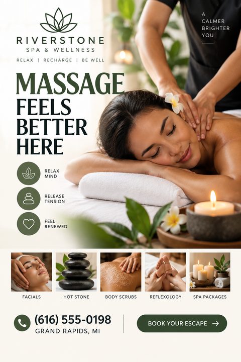 A flyer for Riverstone Spa & Wellness. The main image shows a woman receiving a back massage. Below are five smaller images showing facials, hot stones, body scrubs, reflexology, and spa packages. Text reads 'Massage feels better here'.