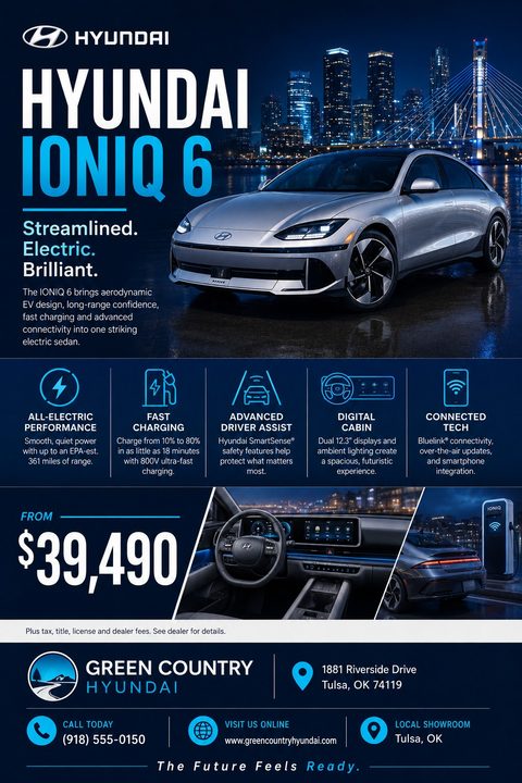 A modern car sales flyer featuring a silver electric sedan against a night cityscape. It includes cyan feature icons, a large price display, interior shots, and dealership contact information on a dark blue background.