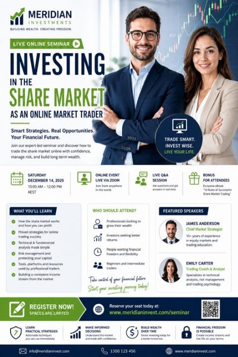 Flyer template for a live online seminar about investing in the share market. Features a photo of a professional man and woman, event details, learning outcomes, speaker profiles, and registration information.