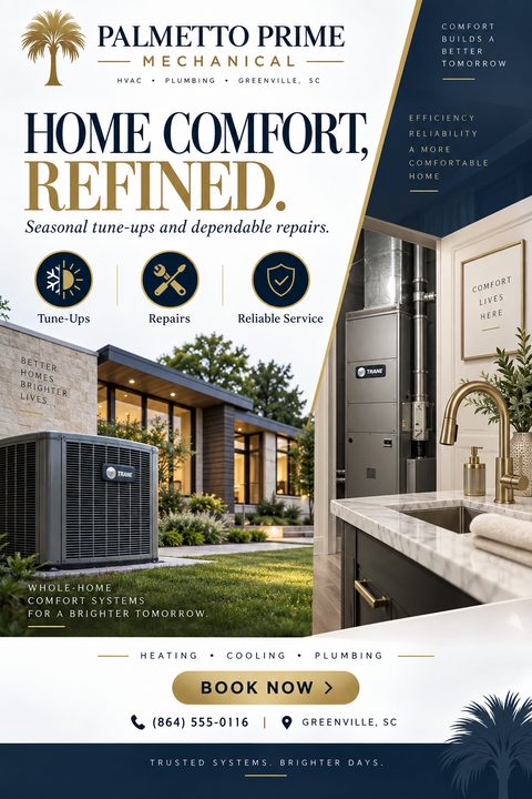 A flyer for HVAC and plumbing services featuring an outdoor AC unit and an indoor furnace and sink, with navy and gold text and icons.