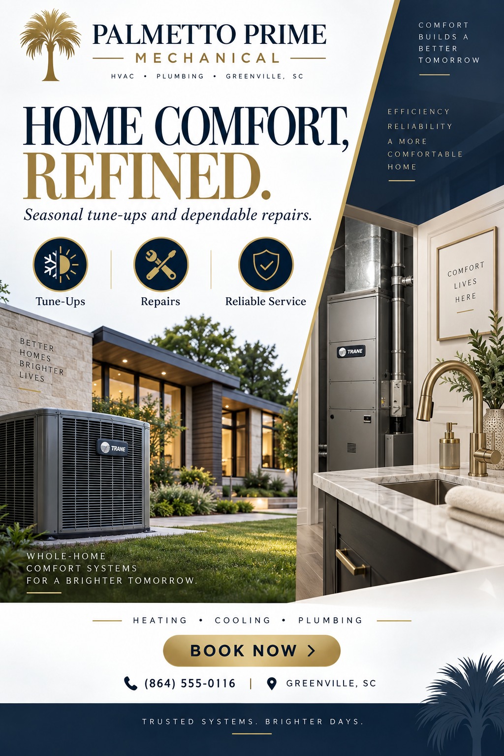 A flyer for HVAC and plumbing services featuring an outdoor AC unit and an indoor furnace and sink, with navy and gold text and icons.
