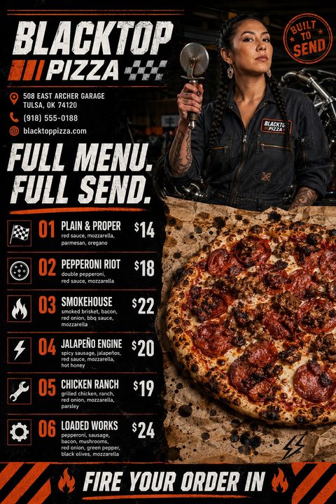 A gritty, garage-themed pizza menu flyer with a black background, orange accents, and industrial icons. It features a large photo of a woman in mechanic overalls holding a pizza cutter above a pepperoni pizza.