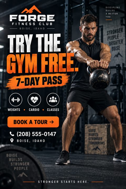 A gritty gym flyer featuring a muscular man lifting a kettlebell. Bold white and orange text reads "Try the Gym Free. 7-Day Pass" over a dark, industrial gym background with weights and cardio icons.