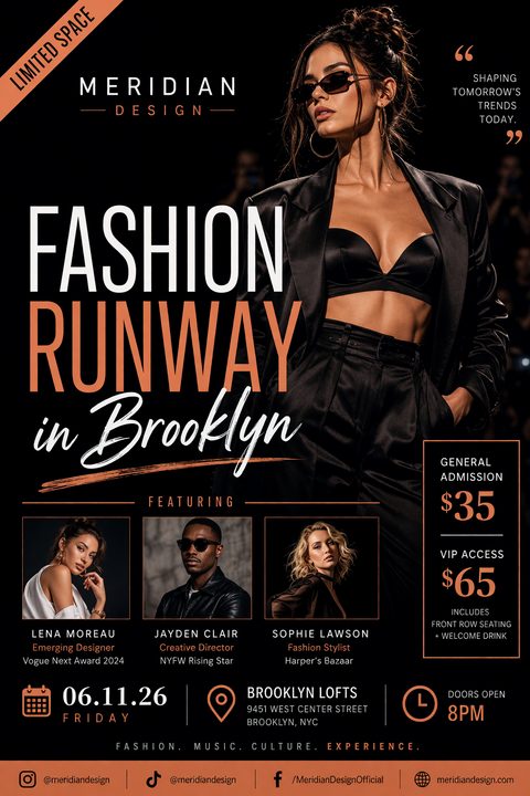 A dark-themed fashion runway event flyer featuring a large photo of a model in a black suit and sunglasses. Text reads 'Fashion Runway in Brooklyn'. Below are three smaller photos of featured designers and event details including date, time.