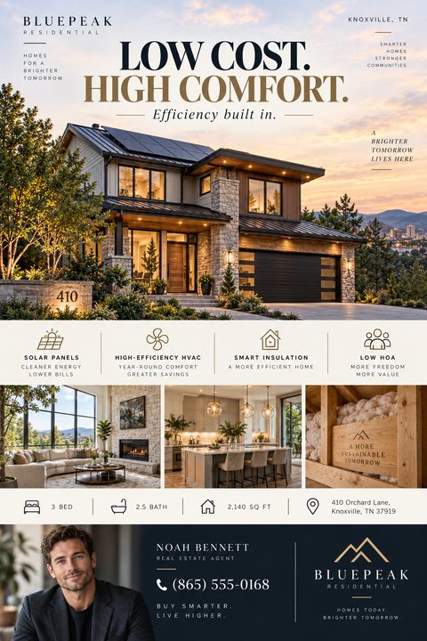 Real estate flyer for an energy-efficient home. Features a large photo of a modern house at sunset, icons highlighting solar panels and smart insulation, interior photos, and agent contact info.