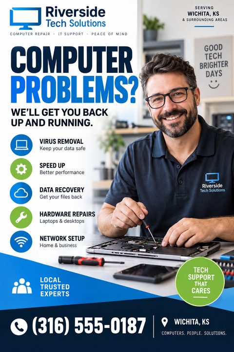 Flyer for Riverside Tech Solutions. Headline: Computer Problems? We'll get you back up and running. Features a photo of a smiling man repairing a laptop. Lists services: Virus Removal, Speed Up, Data Recovery, Hardware Repairs, Network Setup.