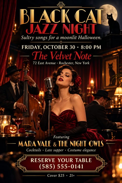 A vintage-style flyer for a Halloween jazz night featuring a female singer in a red velvet dress at a microphone, backed by a jazz band. A black cat and jack-o'-lantern add spooky touches.