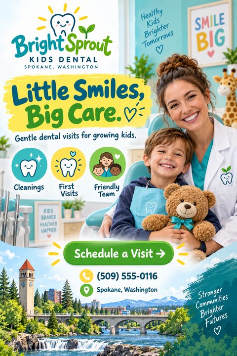 A cheerful flyer for a kids' dental clinic featuring a smiling female dentist and a young boy holding a teddy bear. The flyer includes icons for cleanings, first visits, and a friendly team, along with a 'Schedule a Visit' button and contact.