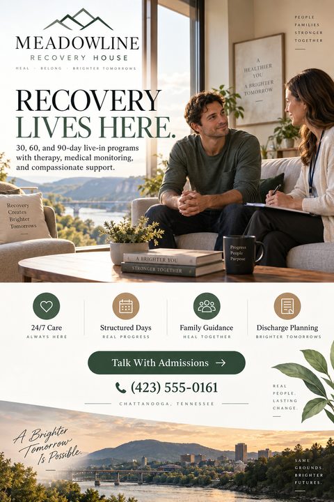 Flyer for a recovery house featuring a photo of a man and woman talking in a comfortable room with a view, icons highlighting 24/7 care, structured days, family guidance, and discharge planning, and a scenic landscape photo at the bottom.