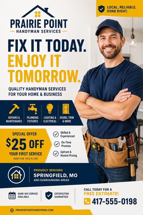 Handyman services flyer template with a smiling man in a tool belt, navy and gold accents, listing repairs, plumbing, electrical, and a $25 off special offer.