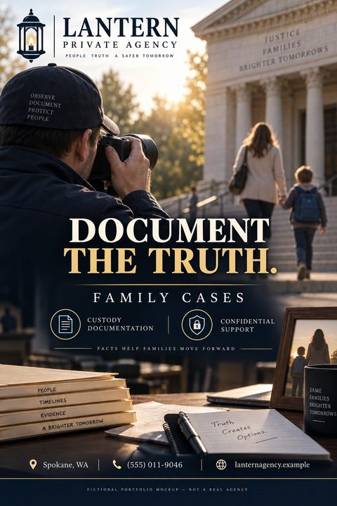 Flyer for a private agency titled 'Document the Truth.' showing a man with a camera photographing a woman and child walking up steps, with a desk showing files and a notepad below.