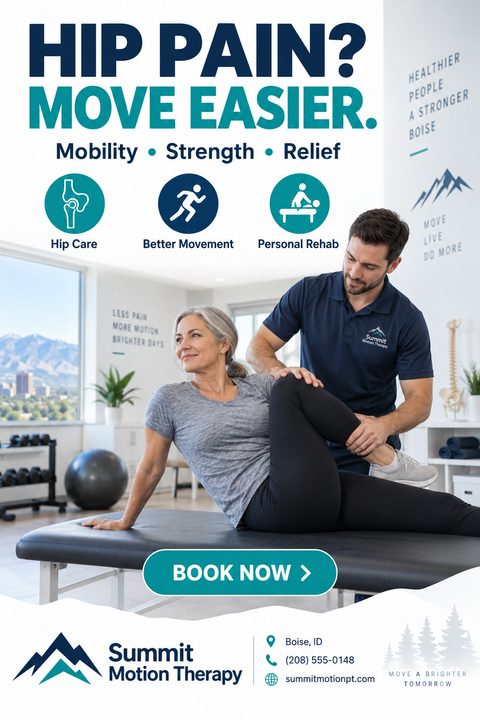 A physical therapy flyer featuring a therapist helping a woman stretch on a table. It includes bold navy and teal text, three service icons, and a prominent Book Now button.