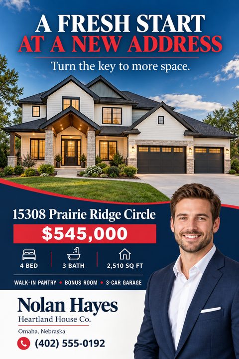A real estate listing flyer featuring a large photo of a modern two-story house above a navy blue section with red accents, displaying property details, price, and a real estate agent's headshot.