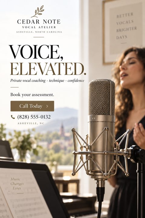 A flyer for vocal coaching featuring a woman singing into a studio microphone with a scenic background. Text reads 'Voice, Elevated. Private vocal coaching, technique, confidence. Book your assessment.'