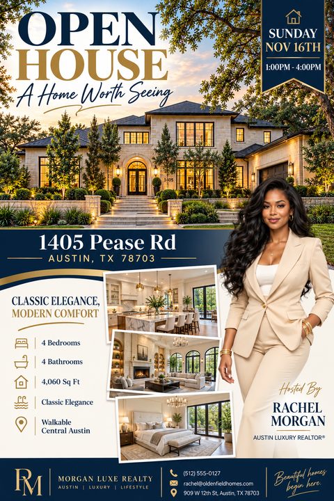 Elegant real estate open house flyer in navy blue and gold. Features a large twilight photo of a luxury mansion, three interior shots, property details, and a portrait of a real estate agent.