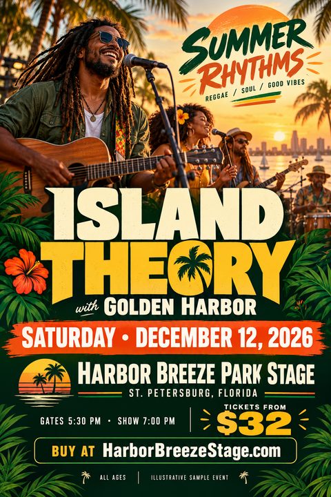 Concert flyer template featuring a band playing on a beach at sunset. Bold yellow text reads 'Island Theory with Golden Harbor'. Includes date, location, and ticket price.