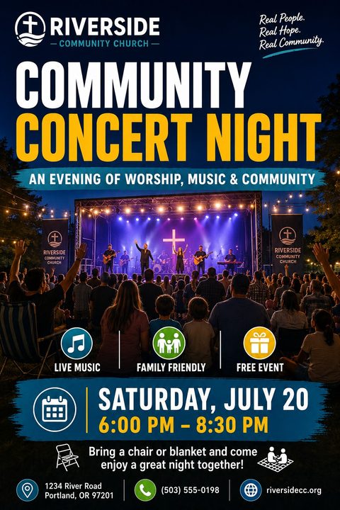 Flyer for a Community Concert Night featuring a large photo of a band playing on an outdoor stage at night with an audience watching. Text includes 'Community Concert Night', 'An evening of worship, music & community', and event details.