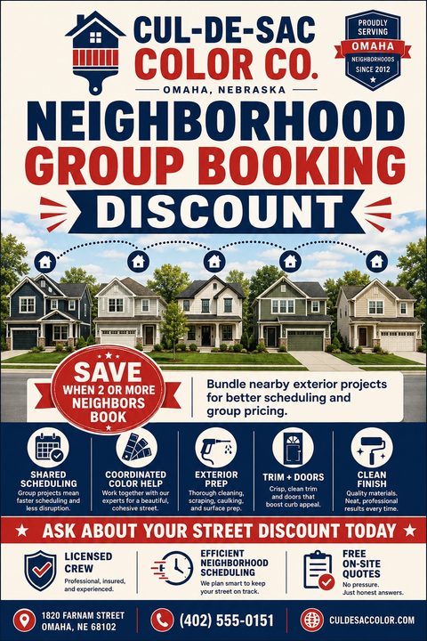 A flyer for Cul-De-Sac Color Co. offering a neighborhood group booking discount for exterior painting. It features a row of five suburban houses connected by a dotted line, with icons detailing services like shared scheduling and exterior prep.